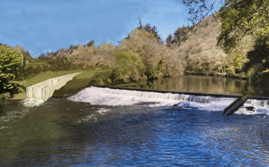 A weir on a river with the fish pass entrance to the left
