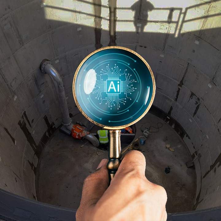AI magnifying glass above storm tank